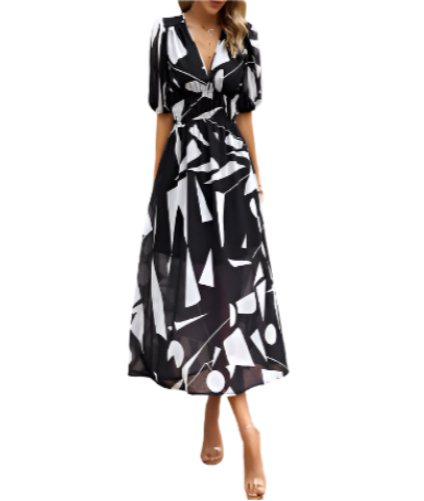 Short Sleeve V-neck Chiffon Floral Printed Slim Waist Dress for Women - Dress-B60