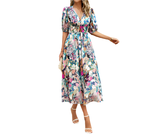 Short Sleeve V-neck Chiffon Floral Printed Slim Waist Dress for Women - Dress-B60