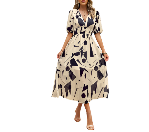 Short Sleeve V-neck Chiffon Floral Printed Slim Waist Dress for Women - Dress-B60