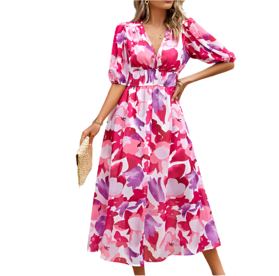 Short Sleeve V-neck Chiffon Floral Printed Slim Waist Dress for Women - Dress-B60