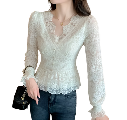 Elegant Slim Waist V- neck Lace Blouse for Women - BL10