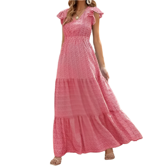Trendy Summer Short Frill Sleeve High Waist Floral DRESS-B24