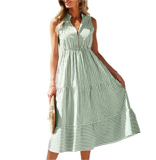Elegant Sleeveless V-neck Striped Slim-Waist Dress for Women – DRESS-B49Z