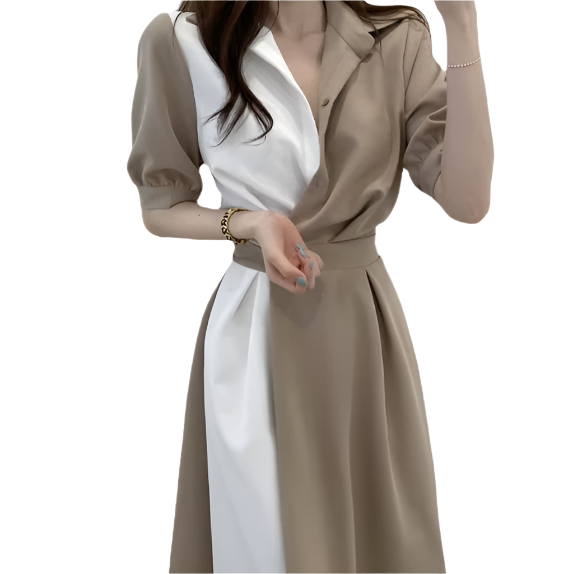 Elegant Two-Tone Collar V-neck Slim-Waist Dress for Women – DRESS-58