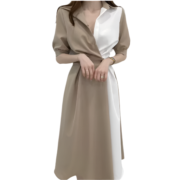 Elegant Two-Tone Collar V-neck Slim-Waist Dress for Women – DRESS-58