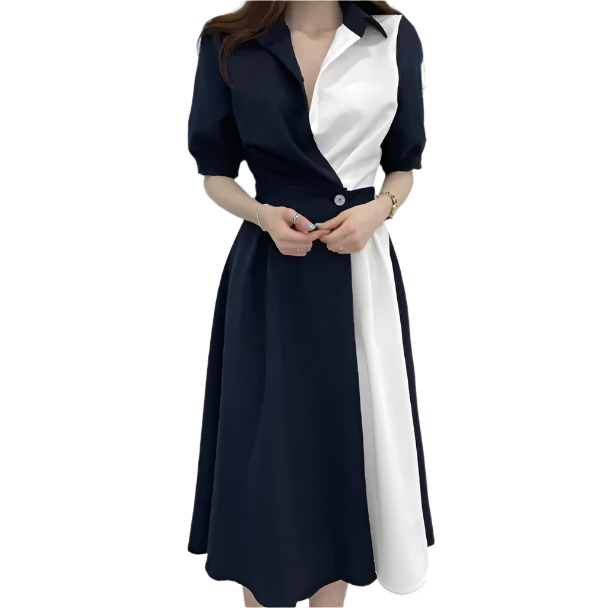 Elegant Two-Tone Collar V-neck Slim-Waist Dress for Women – DRESS-58