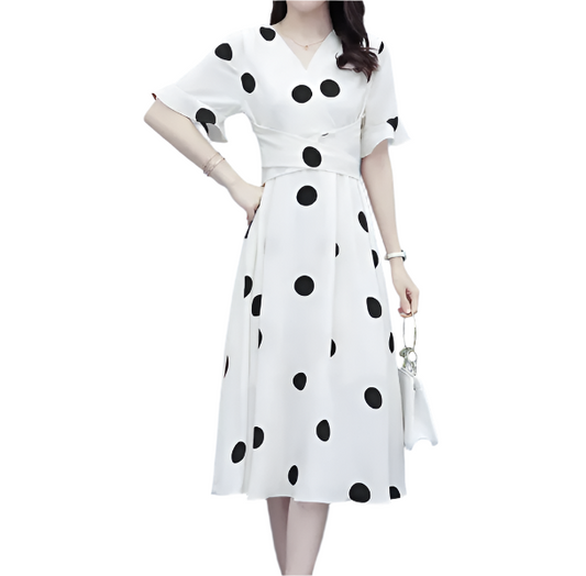 Elegant V-neck Short Ruffles Sleeve Slim Waist A-line Casual Dress for Women – DRESS-B64