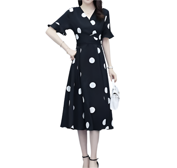 Elegant V-neck Short Ruffles Sleeve Slim Waist A-line Casual Dress for Women – DRESS-B64
