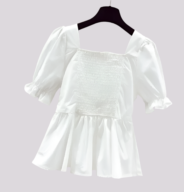 Square Neck-line Pleated front and Short Sleeve with Back Elastic Top for Women- BL51