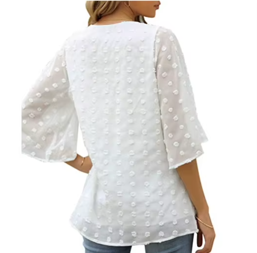 Chiffon V-neck self-embroidered dots Fabric with Half Short Flare Sleeve Blouse for Women- BL4