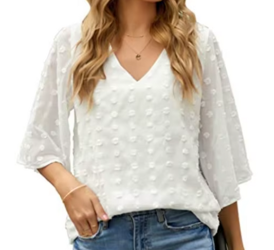 Chiffon V-neck self-embroidered dots Fabric with Half Short Flare Sleeve Blouse for Women- BL4