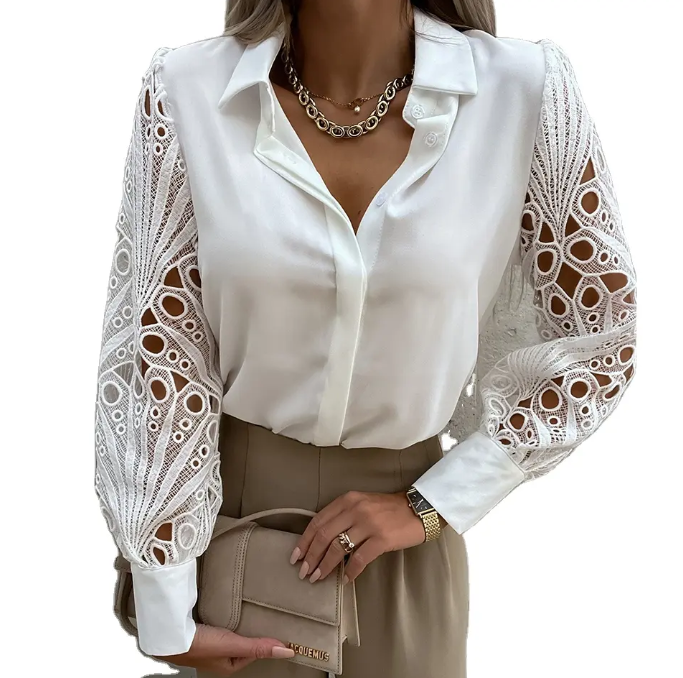 Trendy Collar- Buttoned Women’s Shirt with Embroidered Sleeves –BL52