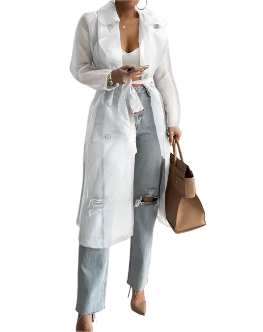 Women’s Stylist Transparent Puff Sleeve V-neck Waist Belt Cardigan Shirts Coat - BL33