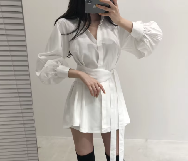 Trendy Long Shirts Top with Belt and Puff Long Sleeve – BL55