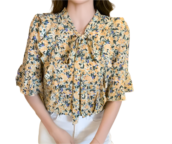 Women’s Floral Printed Blouse with Flare Half Sleeve Bow Collar – BL57