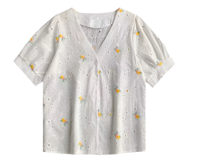 Embroidered V-neck with Half Bubble Sleeve Top for Women – BL58