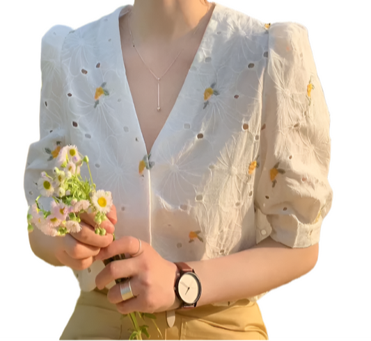 Embroidered V-neck with Half Bubble Sleeve Top for Women – BL58