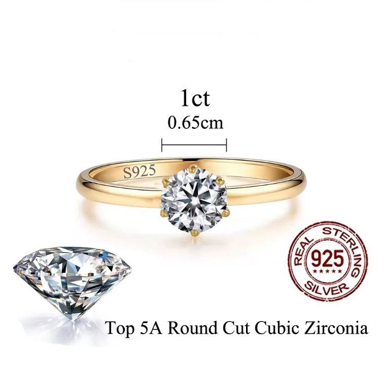 Brilliant Round Cut 6.5mm Cubic Zirconia S925 Sterling Silver Gold Plated Engagement Wedding RING RG-25
