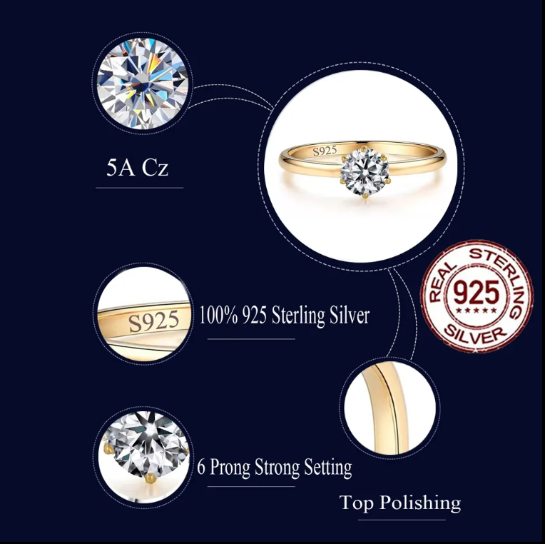 Brilliant Round Cut 6.5mm Cubic Zirconia S925 Sterling Silver Gold Plated Engagement Wedding RING RG-25