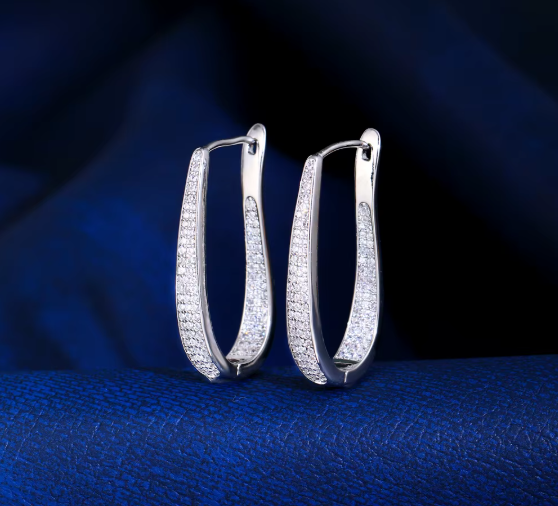 Micro Pave Cubic Zirconia Stone White Gold Plated Luxury Trendy Hoop Earrings  for Women- CZ-Earring- ER - 13
