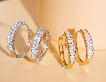 Chic Round White Baguette CZ Silver Plated Hoop Earrings for Women - CZ-Earring- ER - 10
