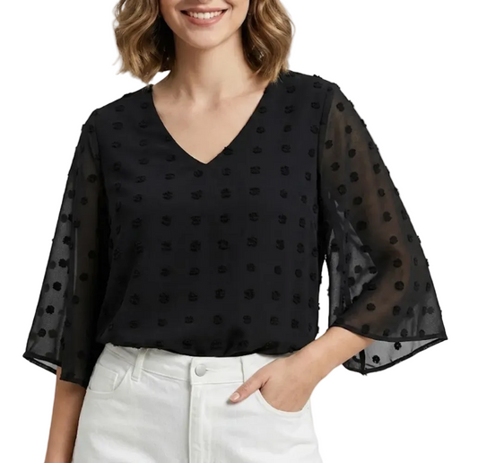 Chiffon V-neck self-embroidered dots Fabric with Half Short Flare Sleeve Blouse for Women- BL4