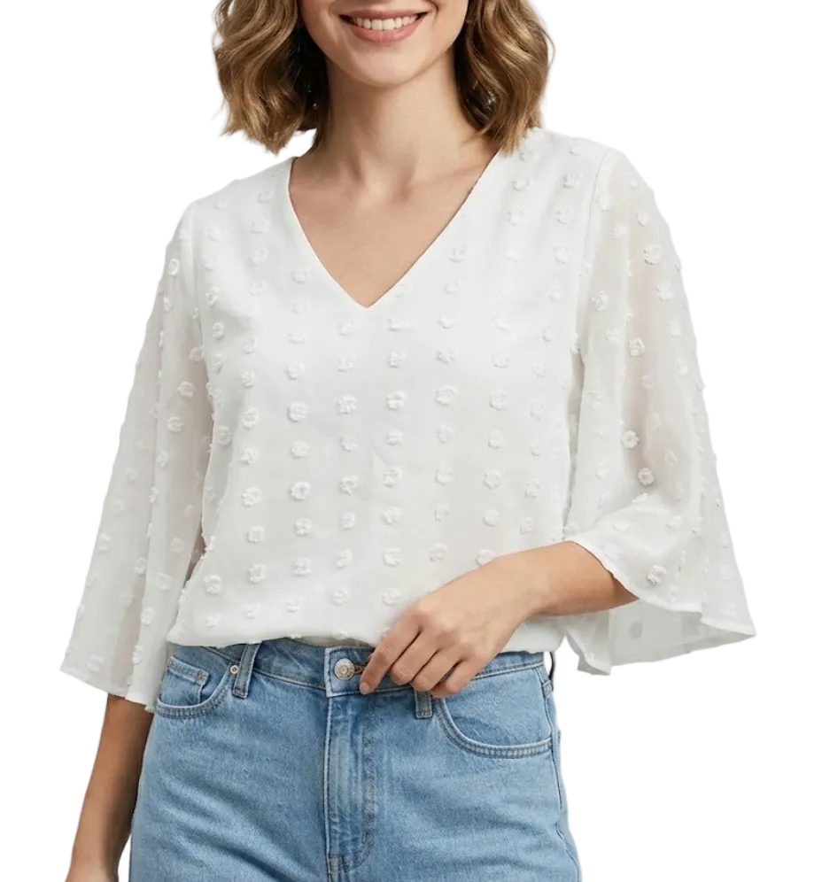 Chiffon V-neck self-embroidered dots Fabric with Half Short Flare Sleeve Blouse for Women- BL4