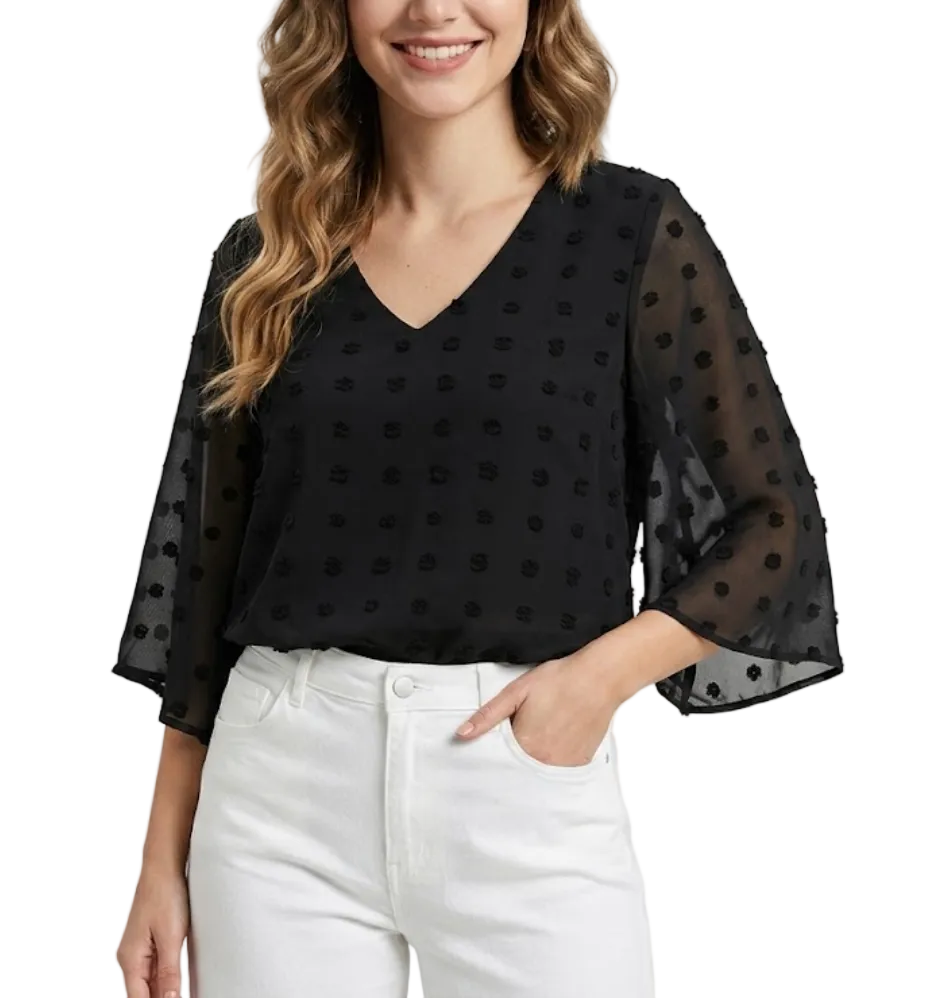Chiffon V-neck self-embroidered dots Fabric with Half Short Flare Sleeve Blouse for Women- BL4