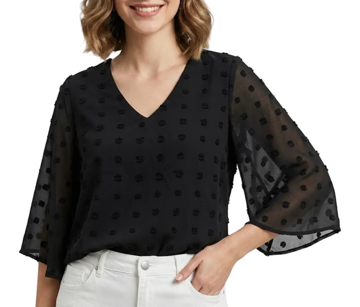 Chiffon V-neck self-embroidered dots Fabric with Half Short Flare Sleeve Blouse for Women- BL4