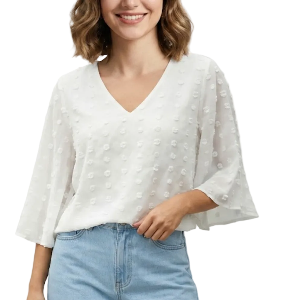 Chiffon V-neck self-embroidered dots Fabric with Half Short Flare Sleeve Blouse for Women- BL4