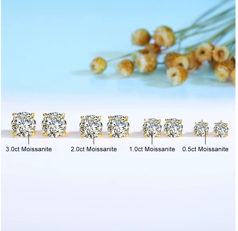 Classic & Timeless 4 Prong 14K Gold Hollow with 2 Carat Round Brilliant Cut Moissanite Diamond Stud Earrings B1-G-ER-04-BBB