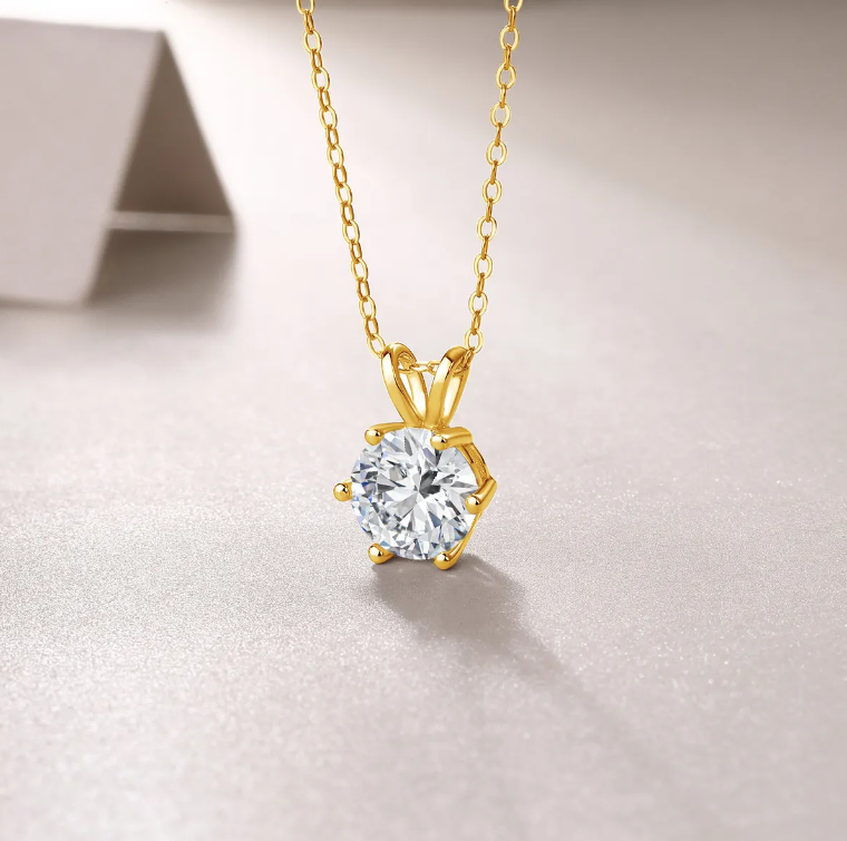 Classic & Timeless 6 Prongs Setting 14K Gold Hollow with Round Brilliant Cut 1CT/2CT/3CT Moissanite Pendant – B1-GNC-06