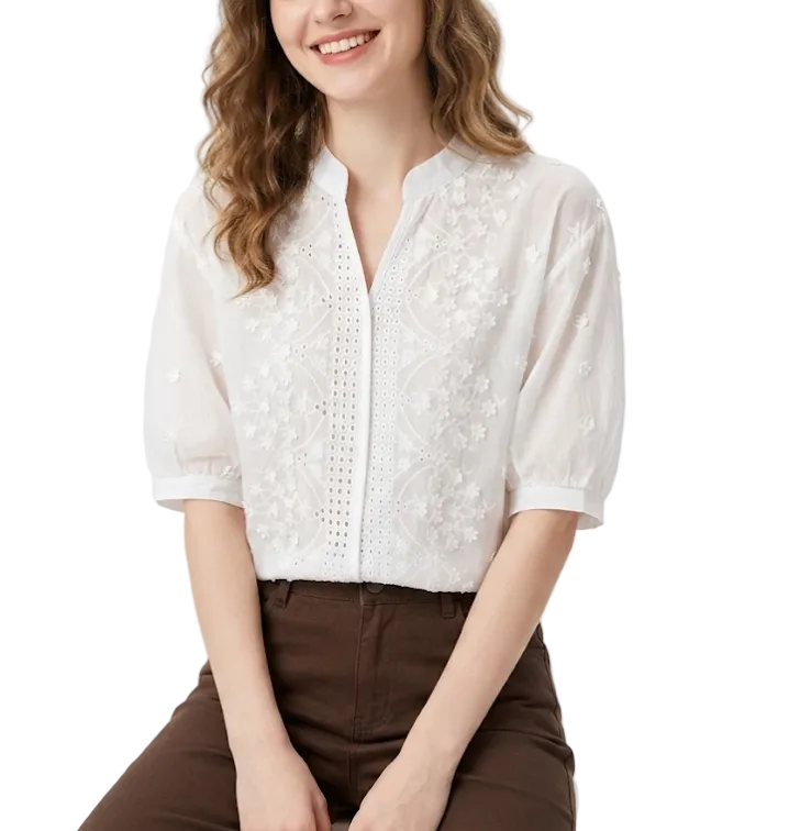 Classy Embroidered V-neck with Half Bubble Sleeve Top for Women – BL22