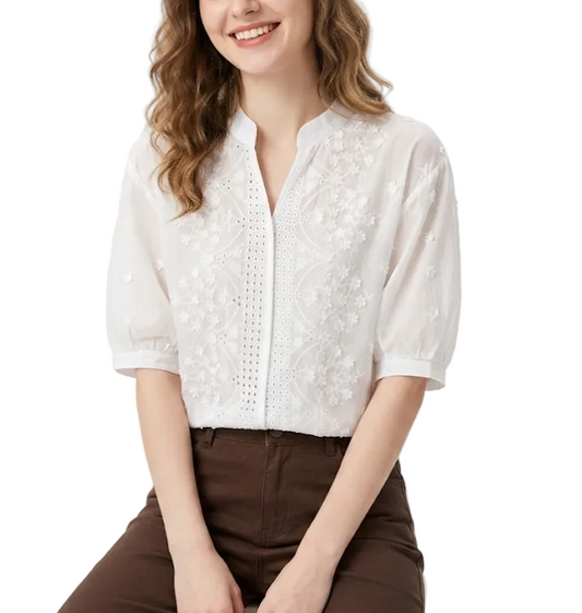 Classy Embroidered V-neck with Half Bubble Sleeve Top for Women – BL22