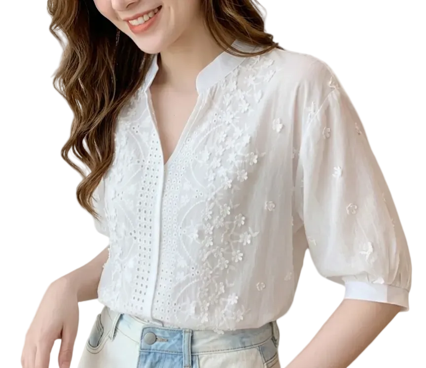 Classy Embroidered V-neck with Half Bubble Sleeve Top for Women – BL22