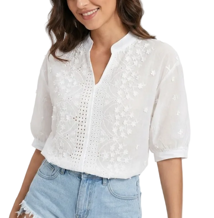 Classy Embroidered V-neck with Half Bubble Sleeve Top for Women – BL22