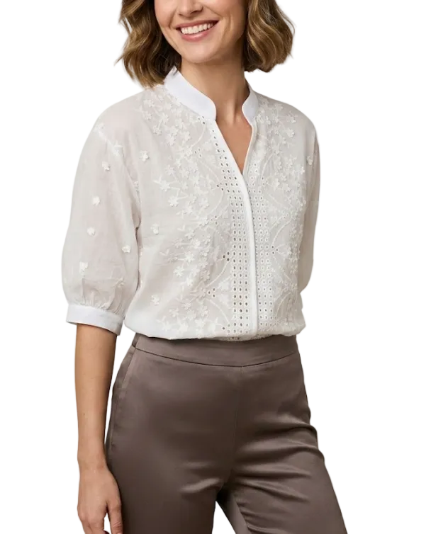 Classy Embroidered V-neck with Half Bubble Sleeve Top for Women – BL22