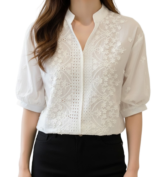 Classy Embroidered V-neck with Half Bubble Sleeve Top for Women – BL22