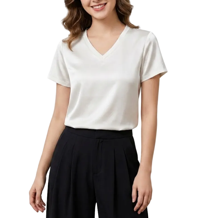 Classy & Timeless Silk V-neck Solid Color Short Sleeved Women's T-shirt Blouse - B6-TOP-B616
