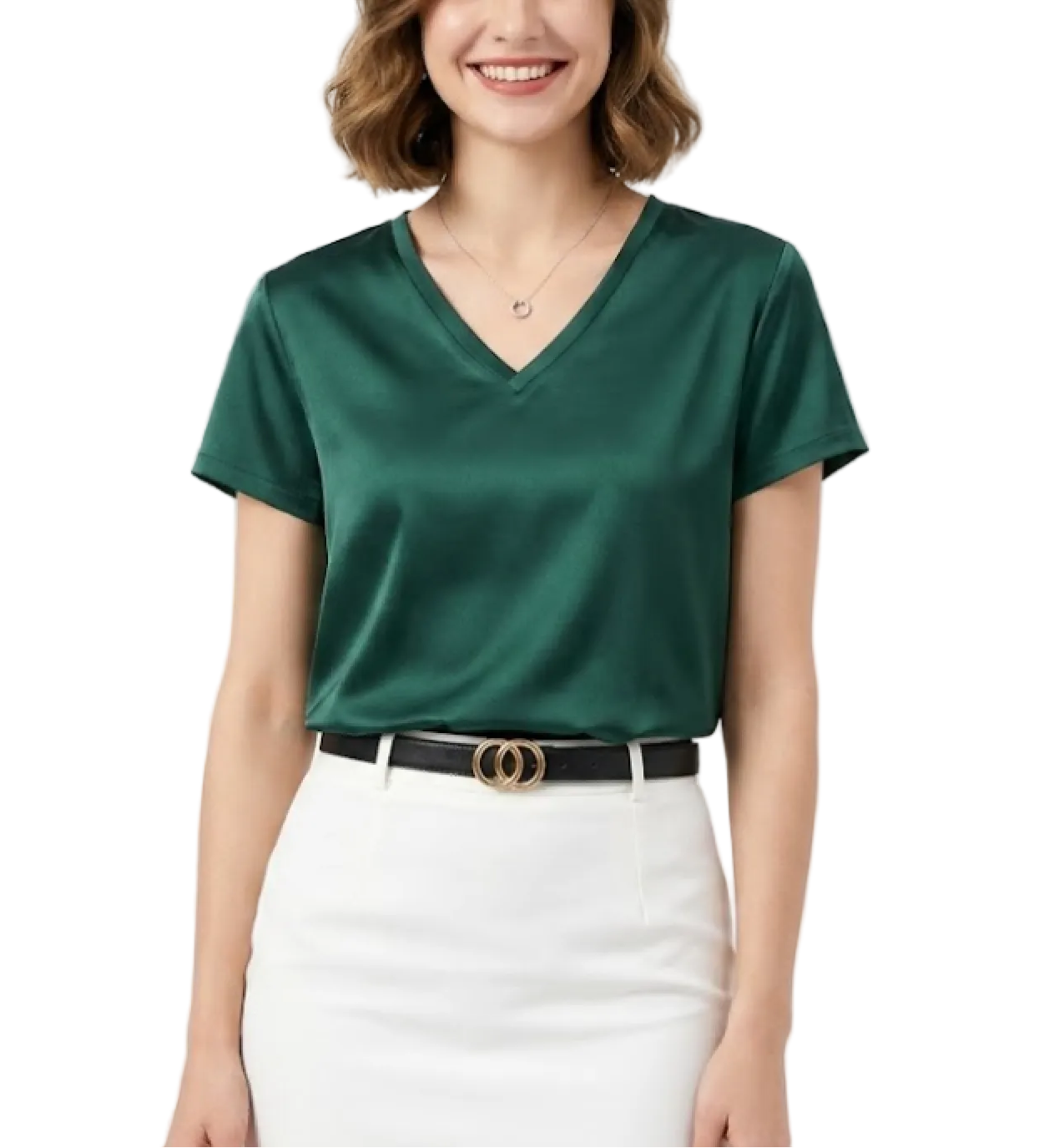 Classy & Timeless Silk V-neck Solid Color Short Sleeved Women's T-shirt Blouse - B6-TOP-B616