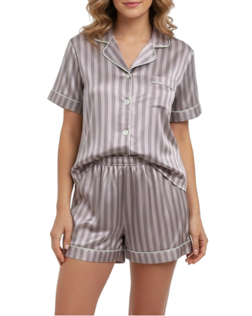 Comfortable Soft Long Sleeve Striped Satin Silk Shorts Pajama Set for Women -B16-PJ-70