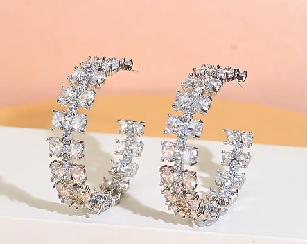 Cubic Zirconia Silver Plated C Shape Hoop Earrings for Women - CZ-Earring- ER - 04