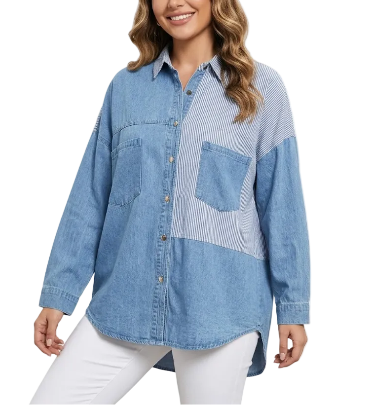 Denim Patchwork Striped Comfortable Women's Shirt TOP-B1-BL-286
