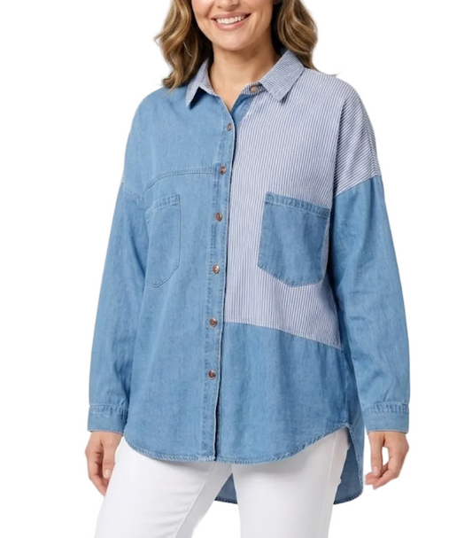 Denim Patchwork Striped Comfortable Women's Shirt TOP-B1-BL-286