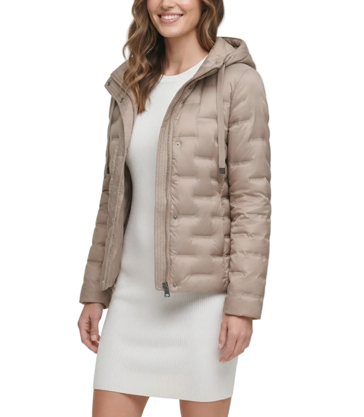 Down Quilted Stand Collar Hooded Warm Lightweight Parka Side Slits Short Jacket for Women - B12-JKT-21