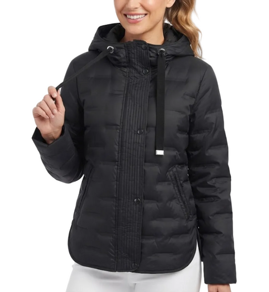 Down Quilted Stand Collar Hooded Warm Lightweight Parka Side Slits Short Jacket for Women - B12-JKT-21