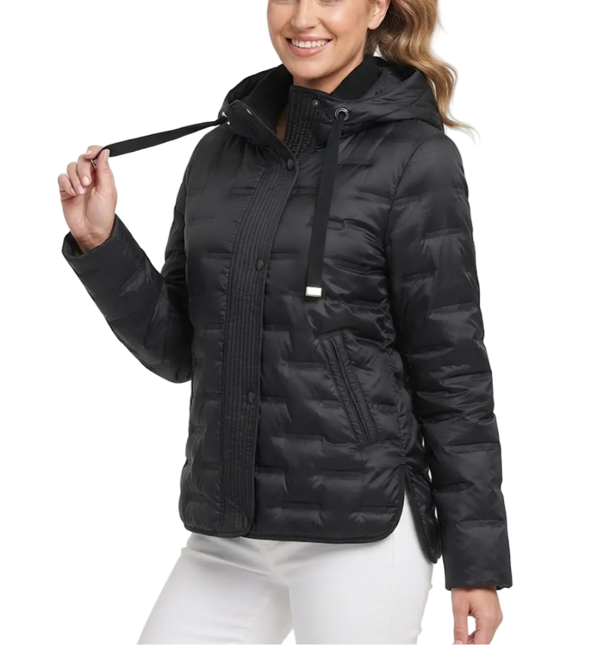 Down Quilted Stand Collar Hooded Warm Lightweight Parka Side Slits Short Jacket for Women - B12-JKT-21