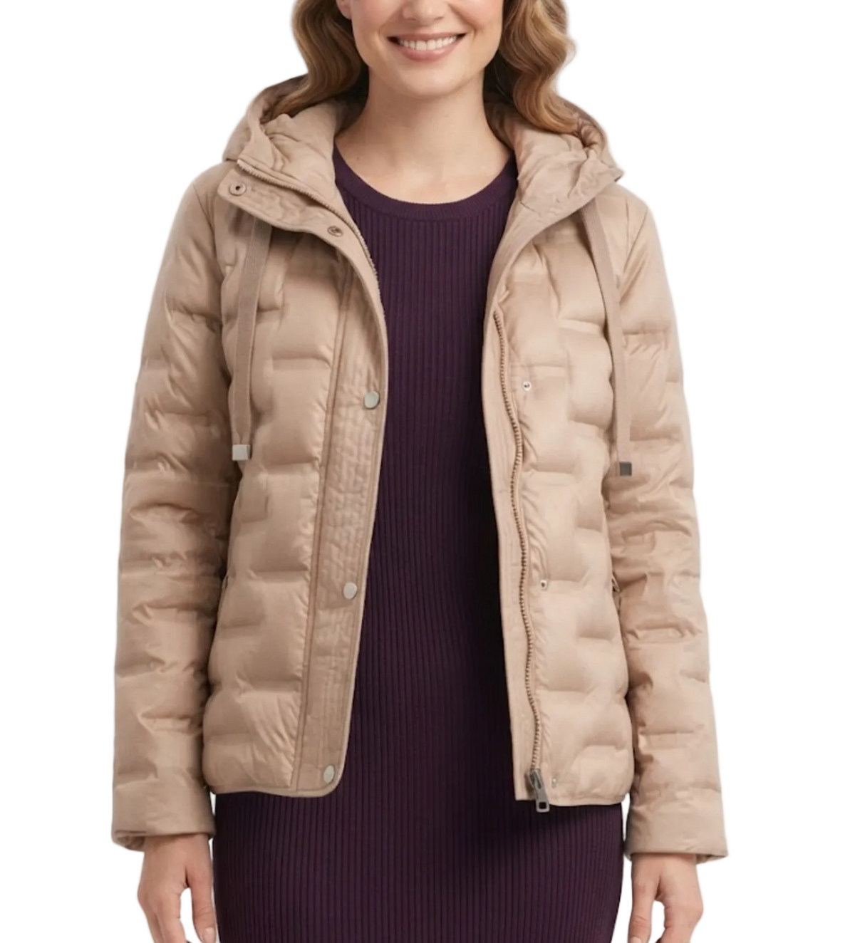 Down Quilted Stand Collar Hooded Warm Lightweight Parka Side Slits Short Jacket for Women - B12-JKT-21