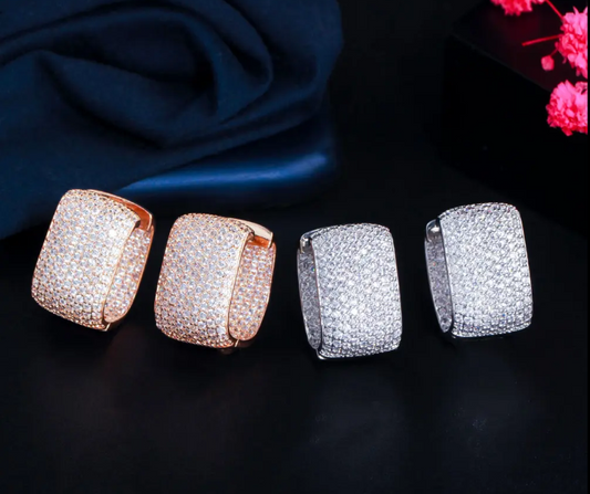 Double Sided Micro Paved Cubic Zirconia White Gold Plated CZ Stone Hoop Earrings - CZ-Earring- ER - 18
