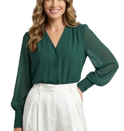 Elegant Chiffon Long Sleeve V-neck Collar Shirt for Women – BL21